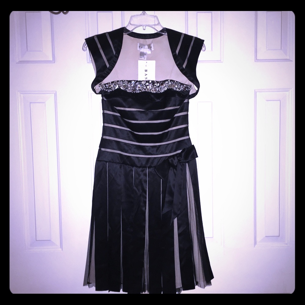 Basix II Black Strapless Satin Dress w/ Caplet